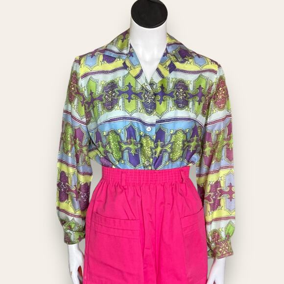 Vtg  polyester button down green purple & blue sleeves size 32 - Picture 1 of 6